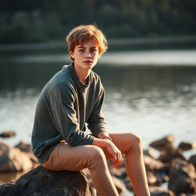 Ung person sitter ensam vid en sjö i skymningen